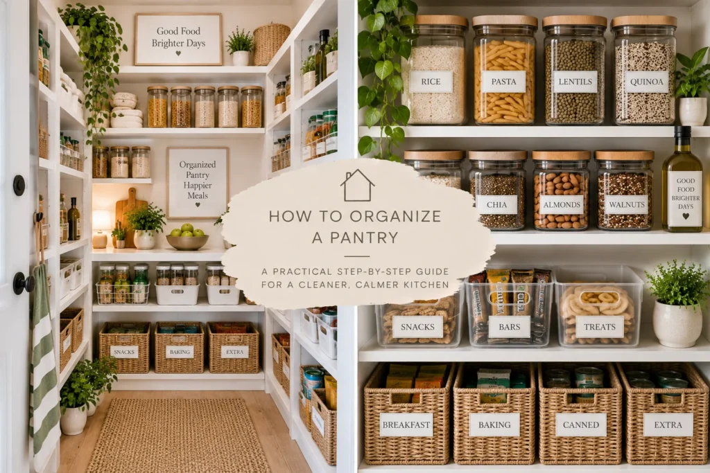 Organized pantry with labeled containers baskets and practical storage zones