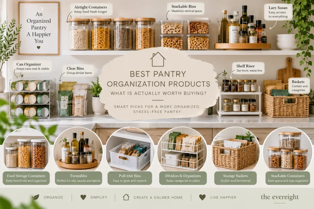 Pantry organization products including containers baskets shelf risers and storage bins
