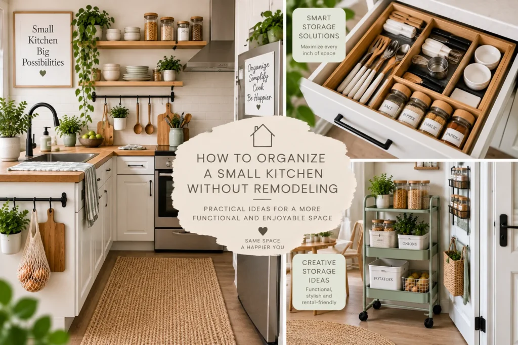 Small kitchen organized with drawer dividers vertical storage and a rolling cart