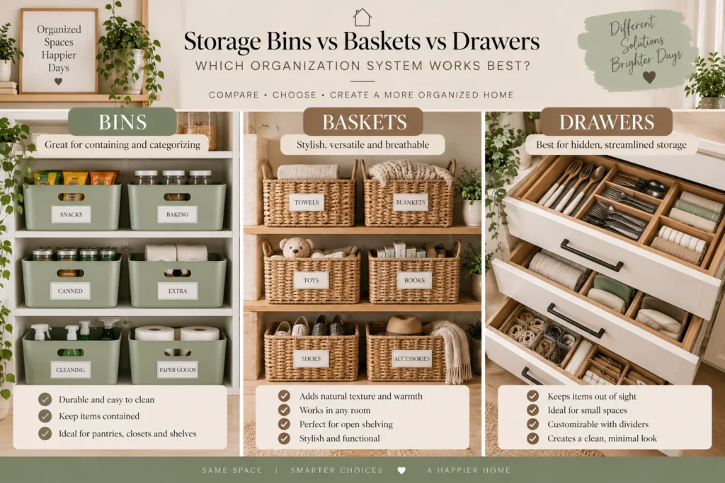 Comparison of storage bins baskets and drawers for home organization