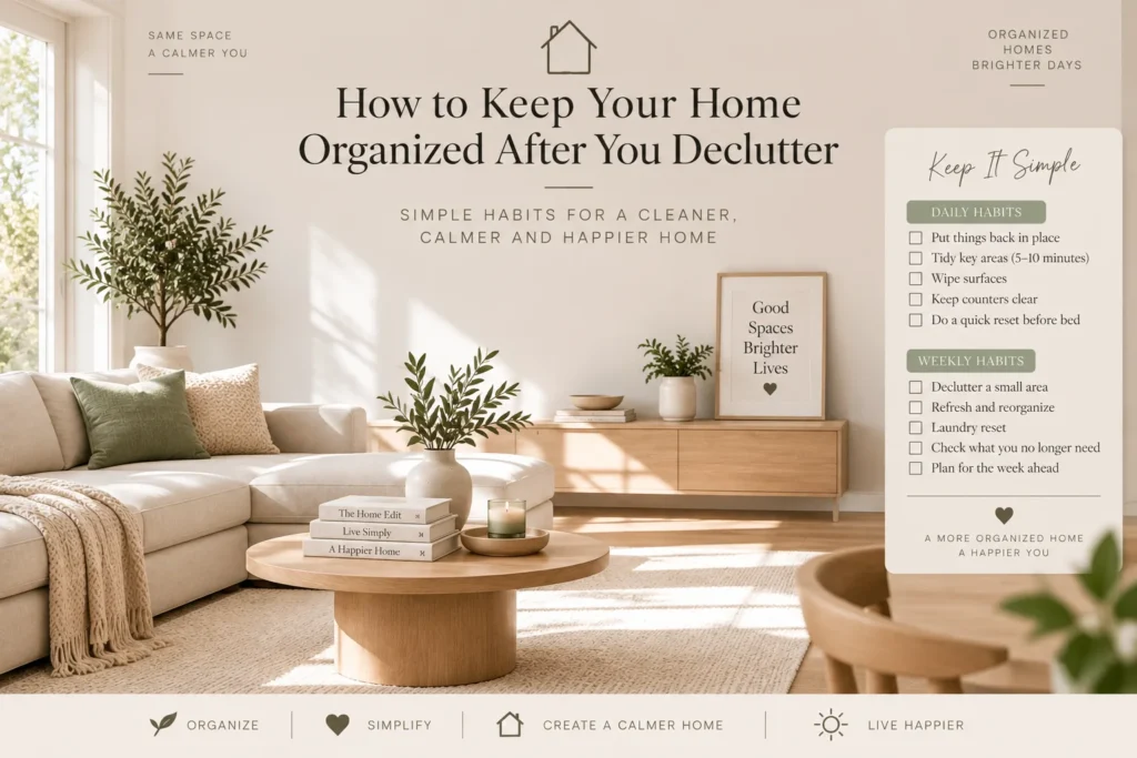 Calm organized living room with simple daily and weekly home reset habits