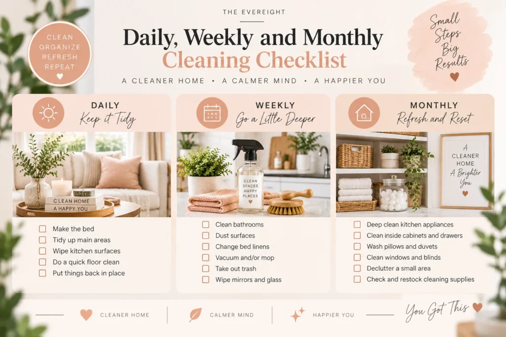 Daily weekly and monthly home cleaning checklist with practical household tasks