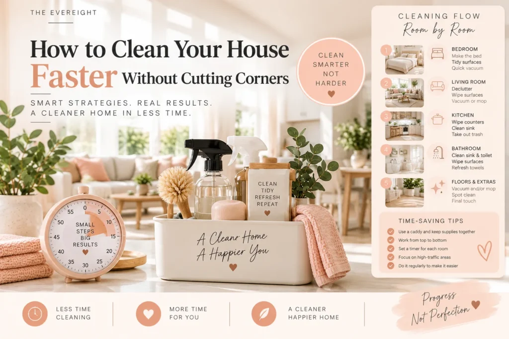 Efficient room-by-room home cleaning routine with cleaning supplies and timer