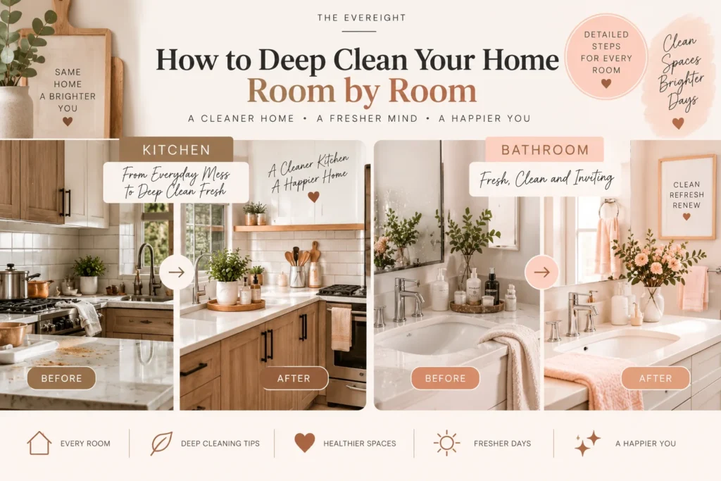 Deep cleaning a home room by room with fresh kitchen and bathroom spaces