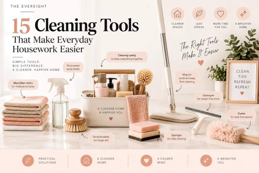 Essential household cleaning tools including microfiber cloths brushes mop and cleaning caddy