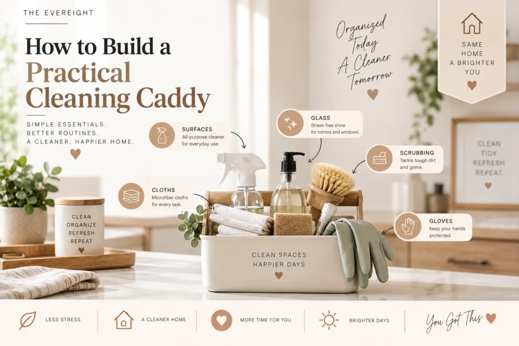 Practical cleaning caddy organized with cloths brushes spray bottles and household cleaning essentials