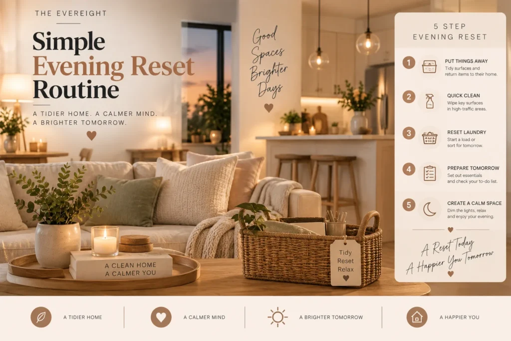 Calm evening home reset routine in a warm tidy living space