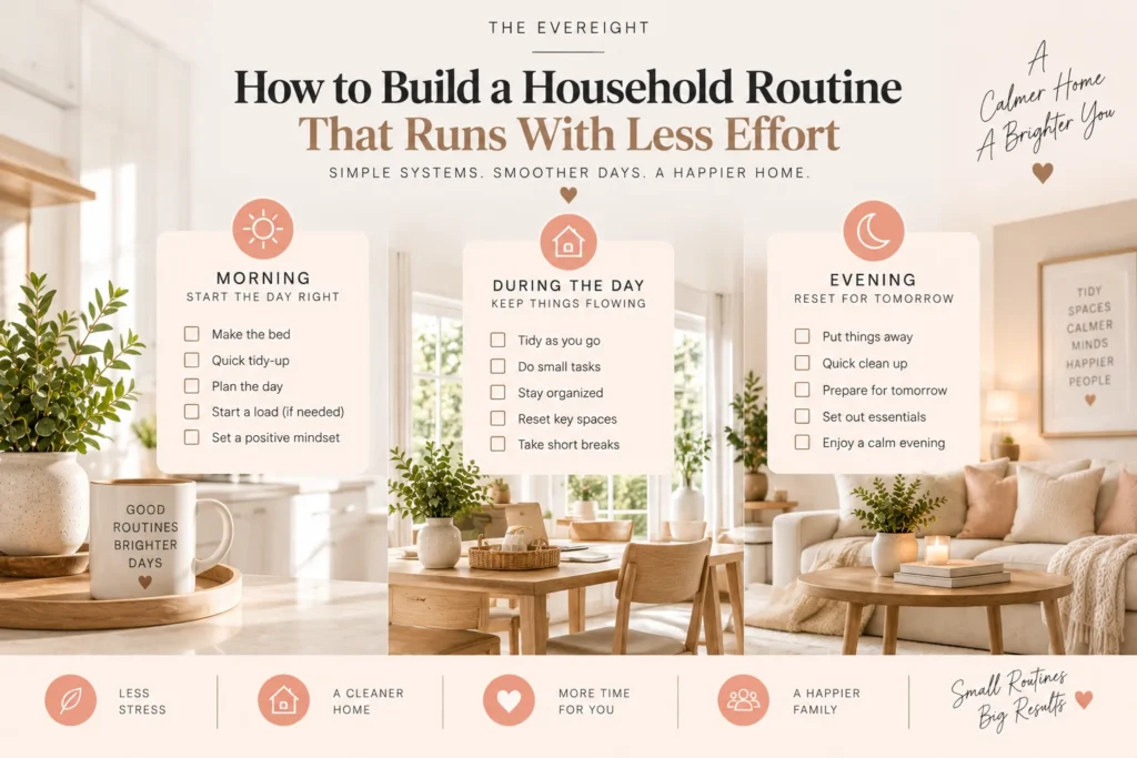 Simple morning daytime and evening household routine for a calmer organized home