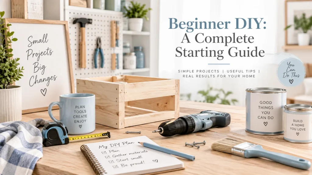 Beginner DIY workspace with basic tools, white oak wood and a simple home project