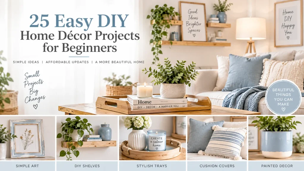 Beginner DIY home decor projects with simple wall art, shelves, textiles and painted decor