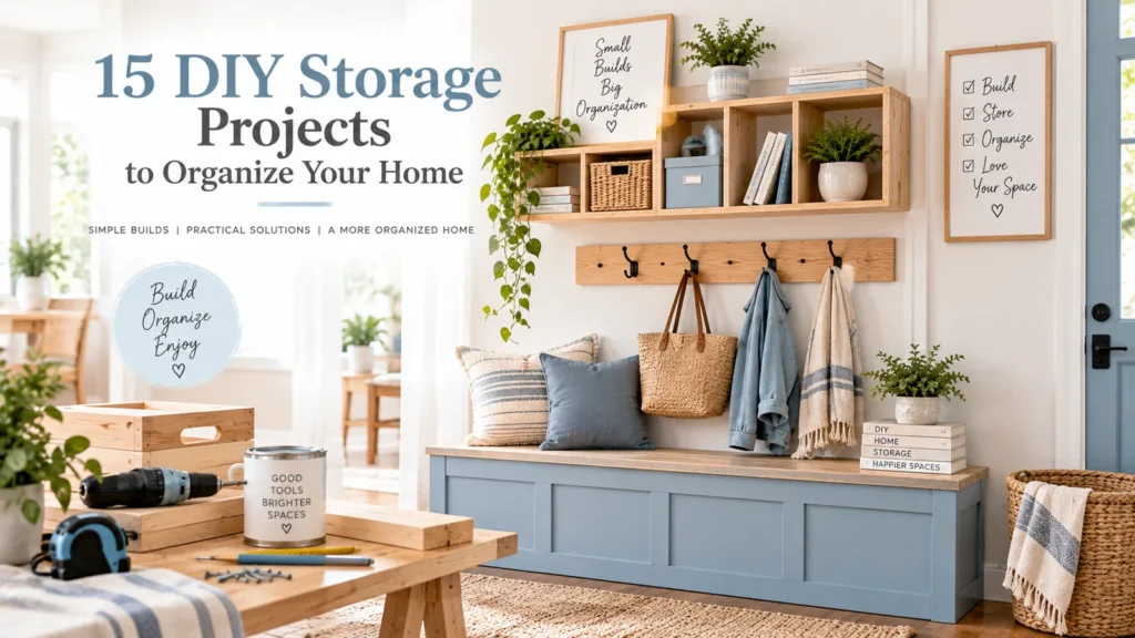 DIY home storage projects with wooden cubbies, wall storage and a soft blue storage bench