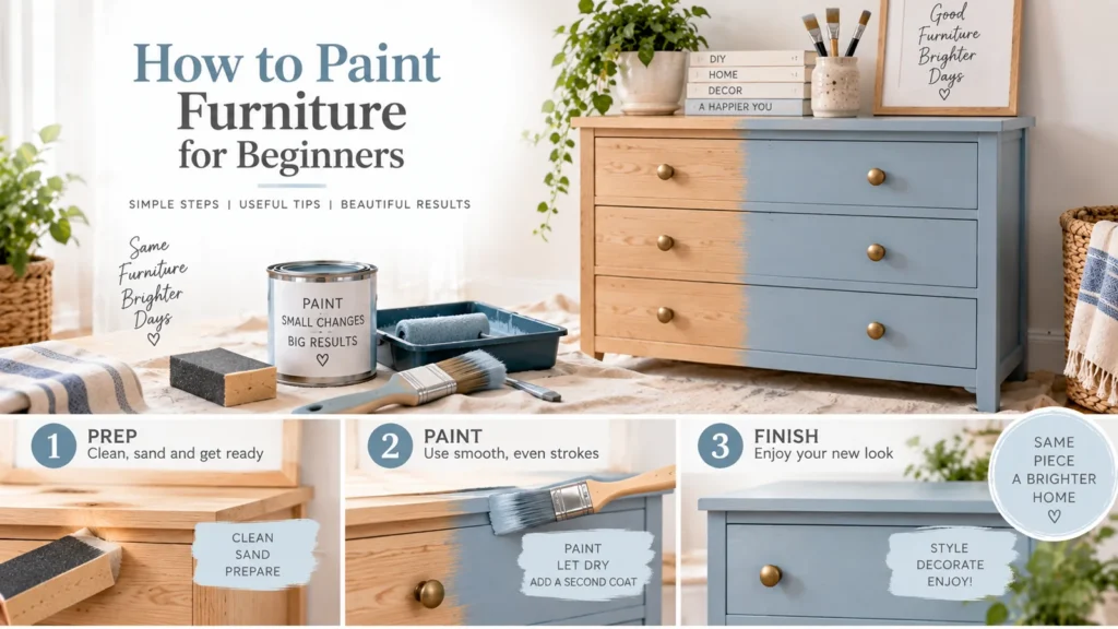 Beginner furniture painting process showing preparation, painting and a finished soft blue dresser