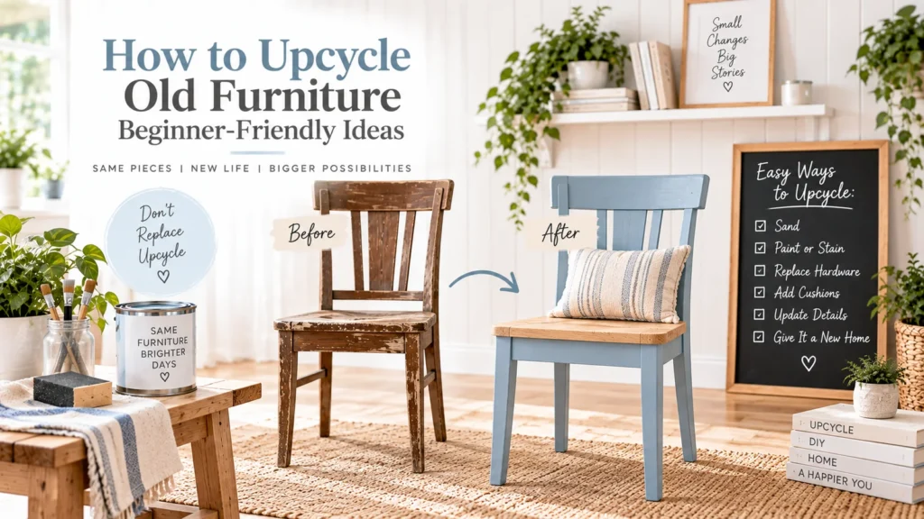 Before and after upcycled wooden chair transformed with soft blue paint and natural wood