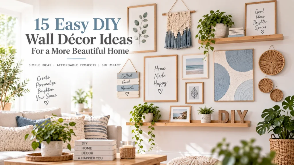 DIY wall decor ideas with framed art, white oak shelves, woven pieces and soft blue accents