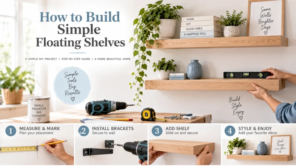Step-by-step installation of simple white oak floating shelves using basic DIY tools