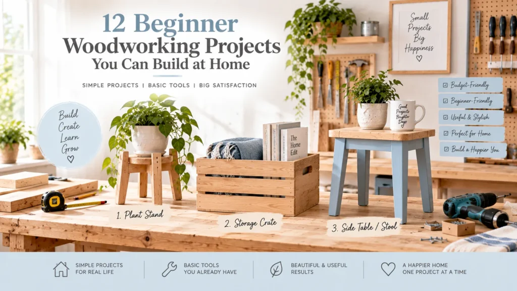 Beginner woodworking projects including a wooden plant stand, storage crate and small side table